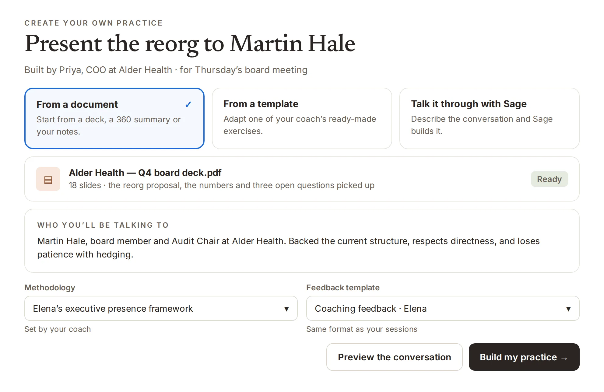Create your own practice: a COO builds a board-meeting rehearsal from her own board deck, with her coach’s framework and feedback template already assigned