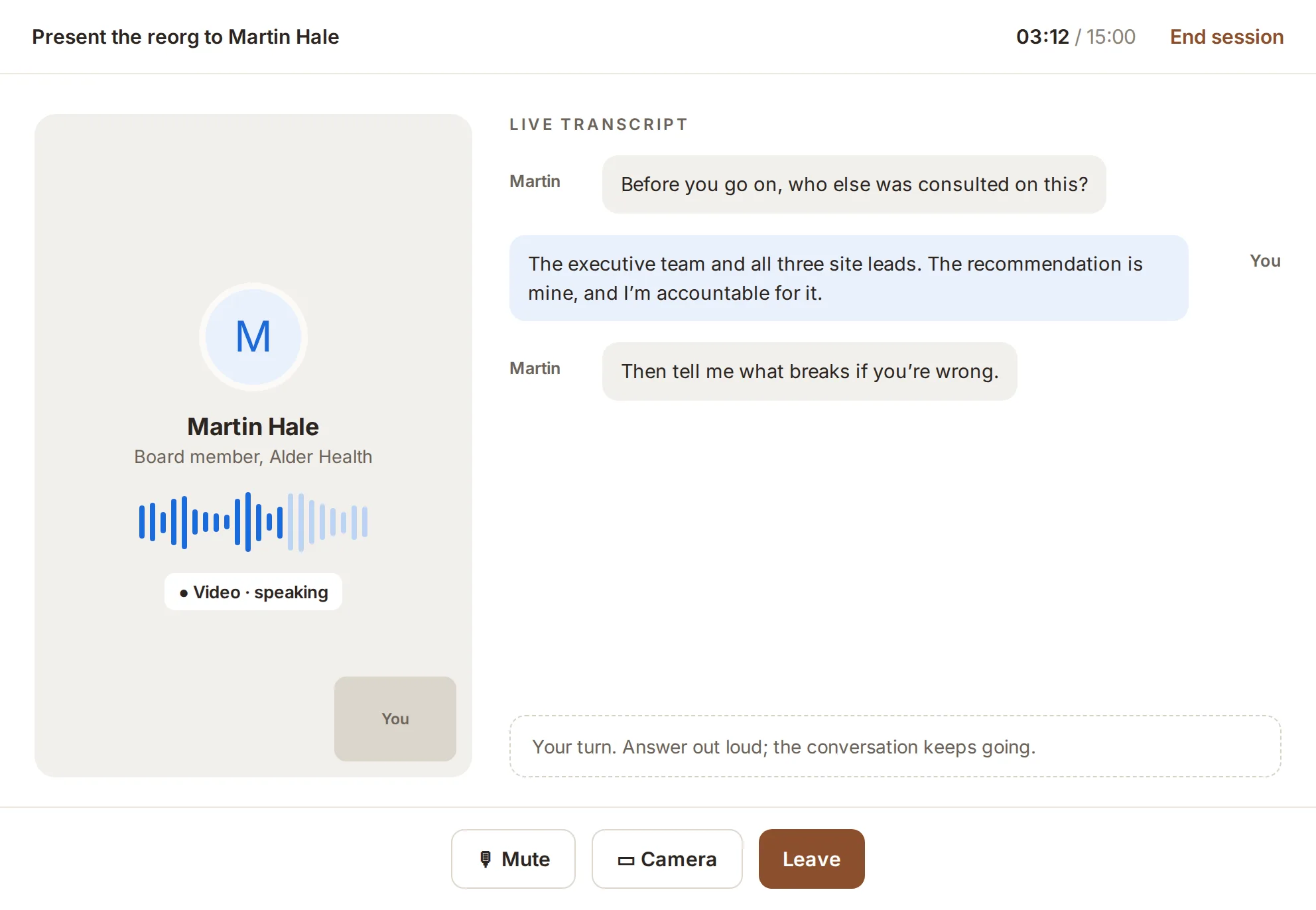 A live video practice session: the client talking with the AI board member, with a live transcript and the session timer.