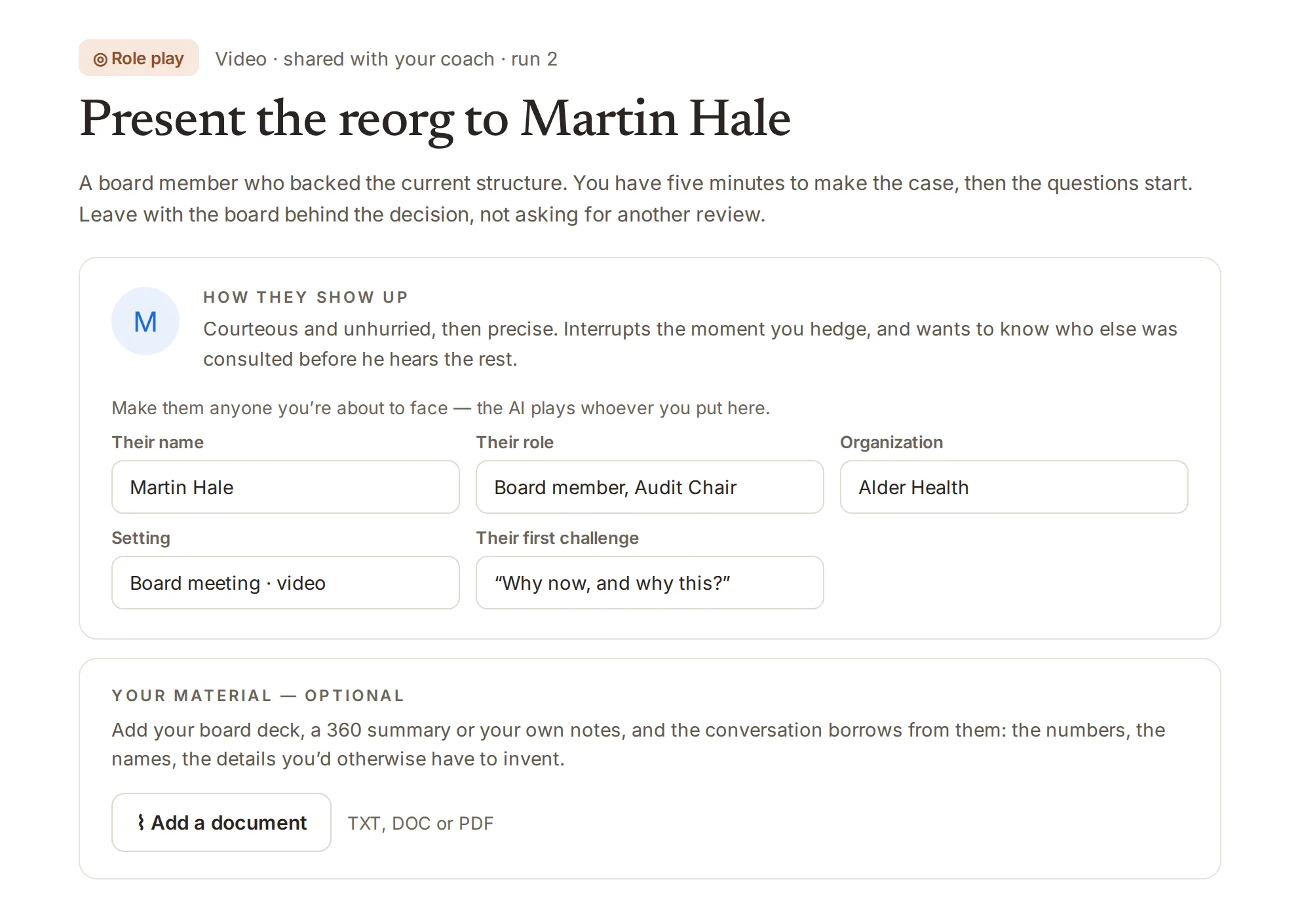Setting up a practice conversation: the board member the client will face, how he shows up, and his first challenge.