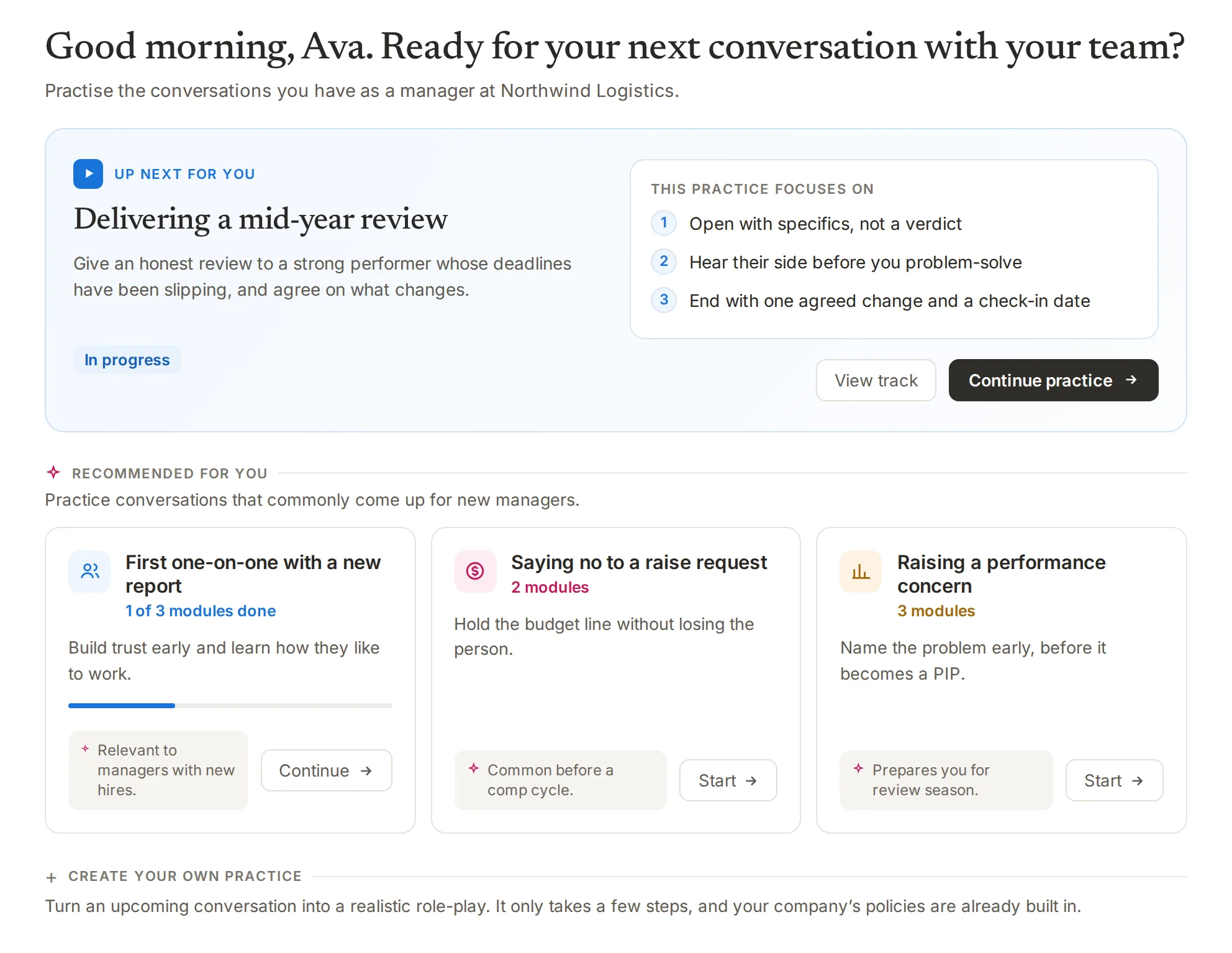 The nSpire learner home — a personalised practice queue with the next recommended conversation and suggested modules.