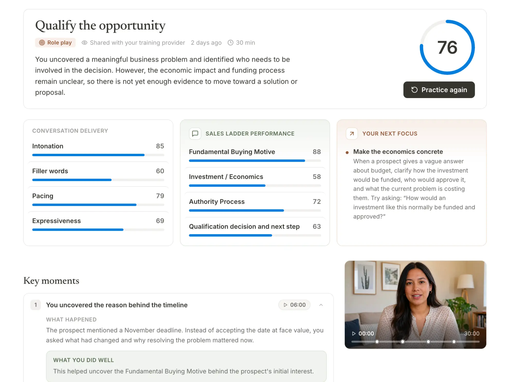 A scored feedback report — an overall 76 with conversation-delivery and sales-ladder breakdowns and a specific next-focus tip.