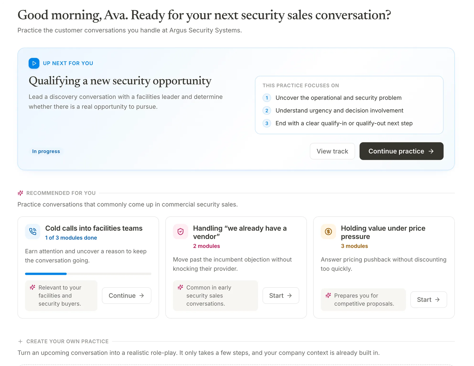 The nSpire learner home — a personalised practice queue with the next recommended sales conversation and suggested modules.