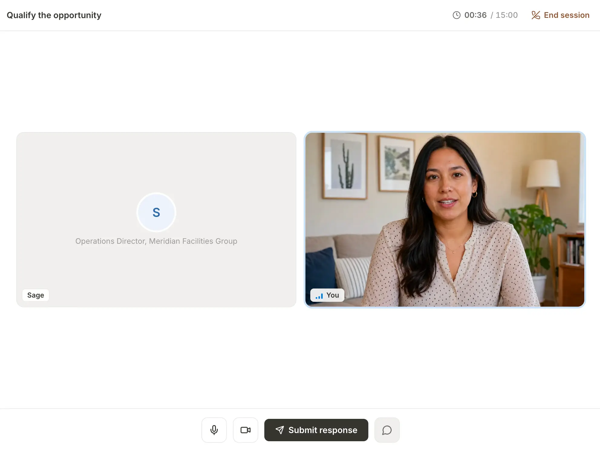 A live role-play in progress — the rep on camera in conversation with the AI buyer, the session timer running.
