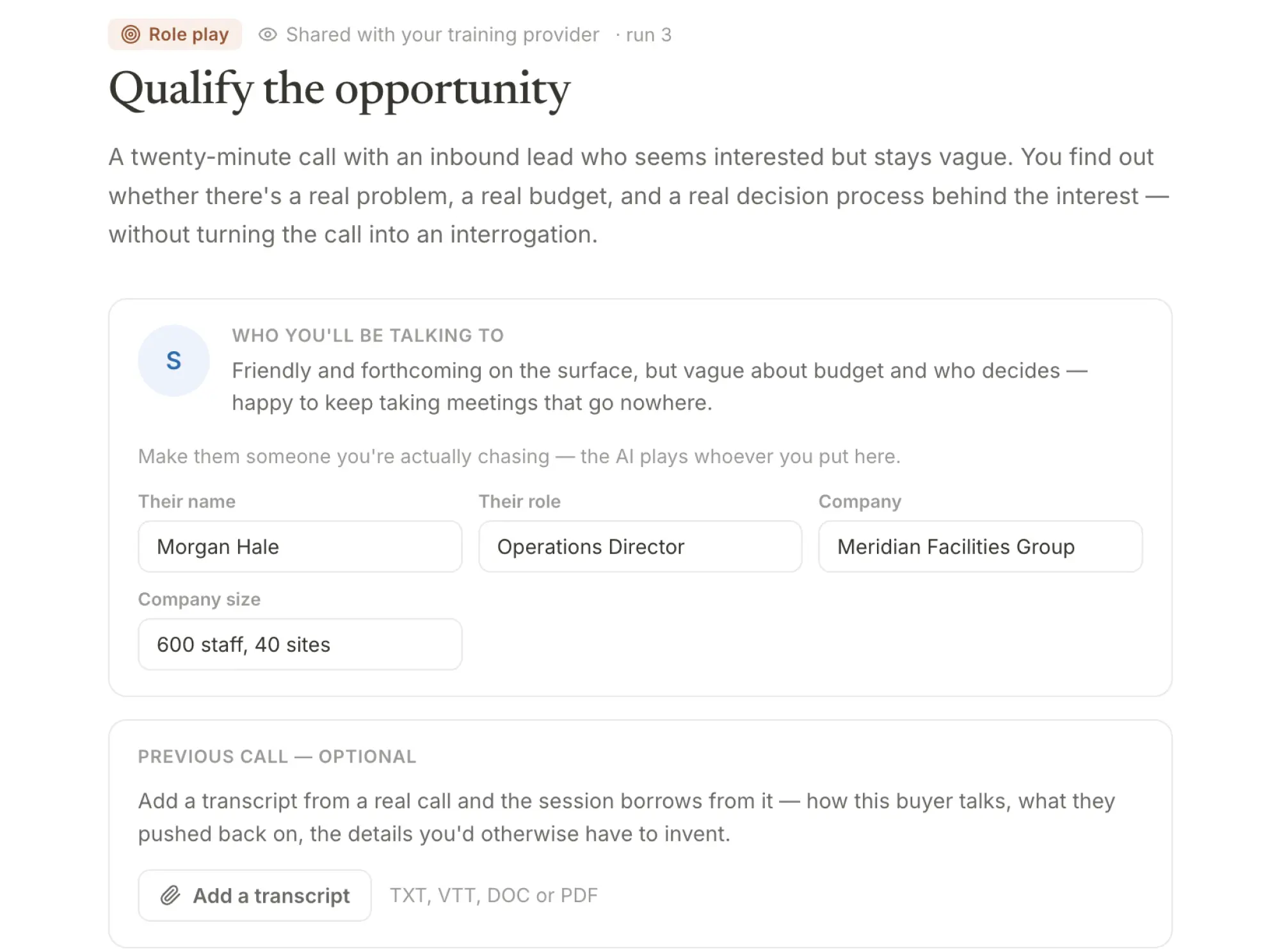 Scenario setup: describe the buyer the AI will play — name, role, company — and add a transcript from a real call