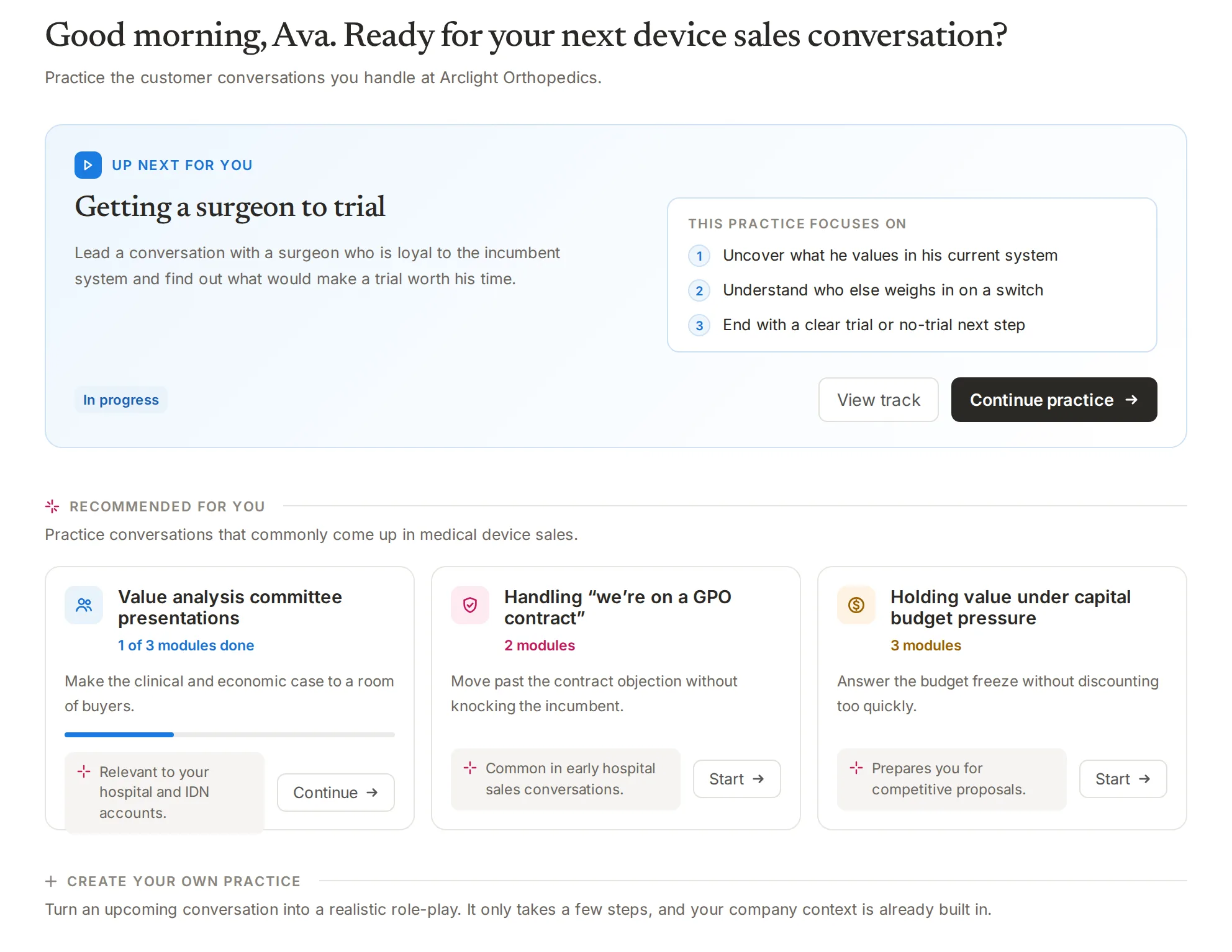 The nSpire learner home — a personalized practice queue with the next recommended sales conversation and suggested modules.