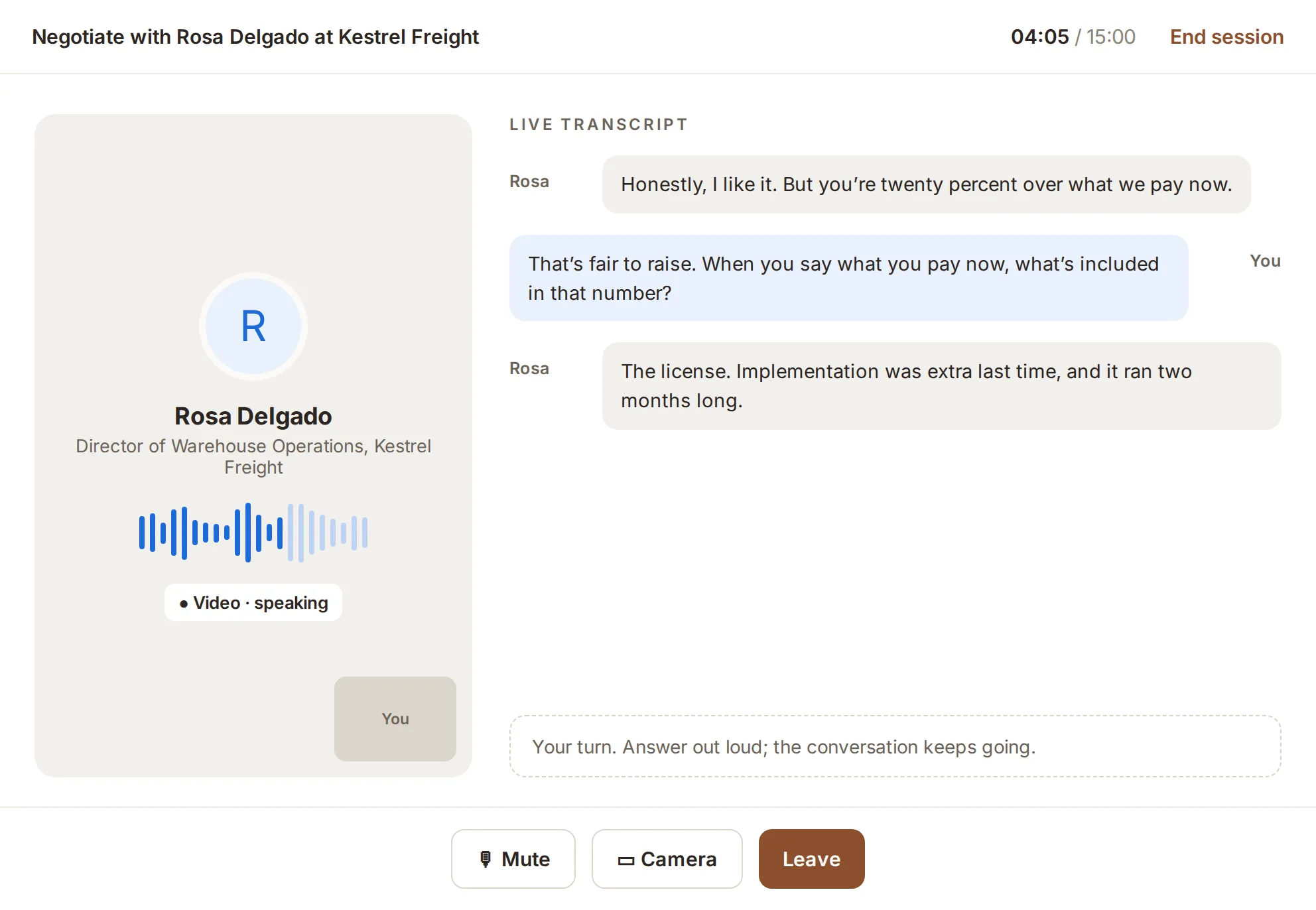 A live video role-play: the rep talking with the AI buyer, a director of warehouse operations, with a live transcript and the session timer.
