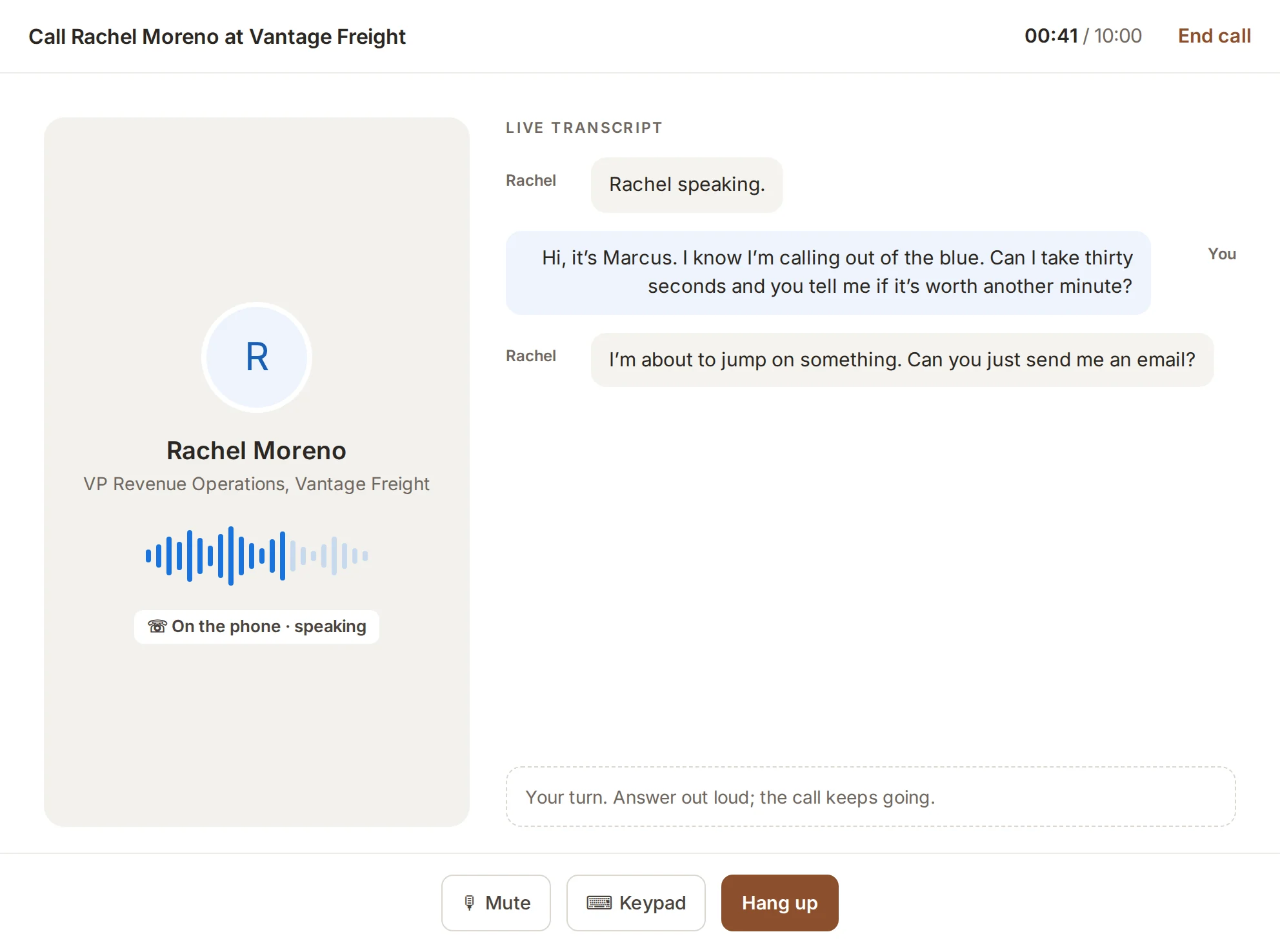 A phone-style cold call in progress: the prospect on the line, a live transcript and the call timer.