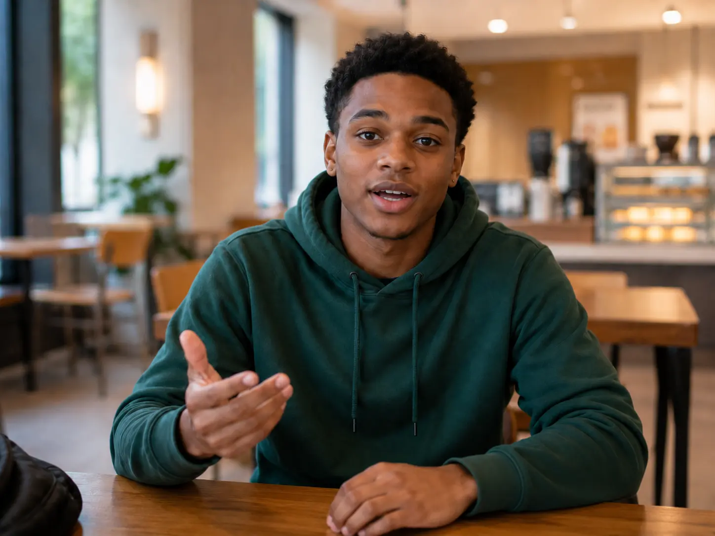 A student practicing his thirty-second story in a campus café.