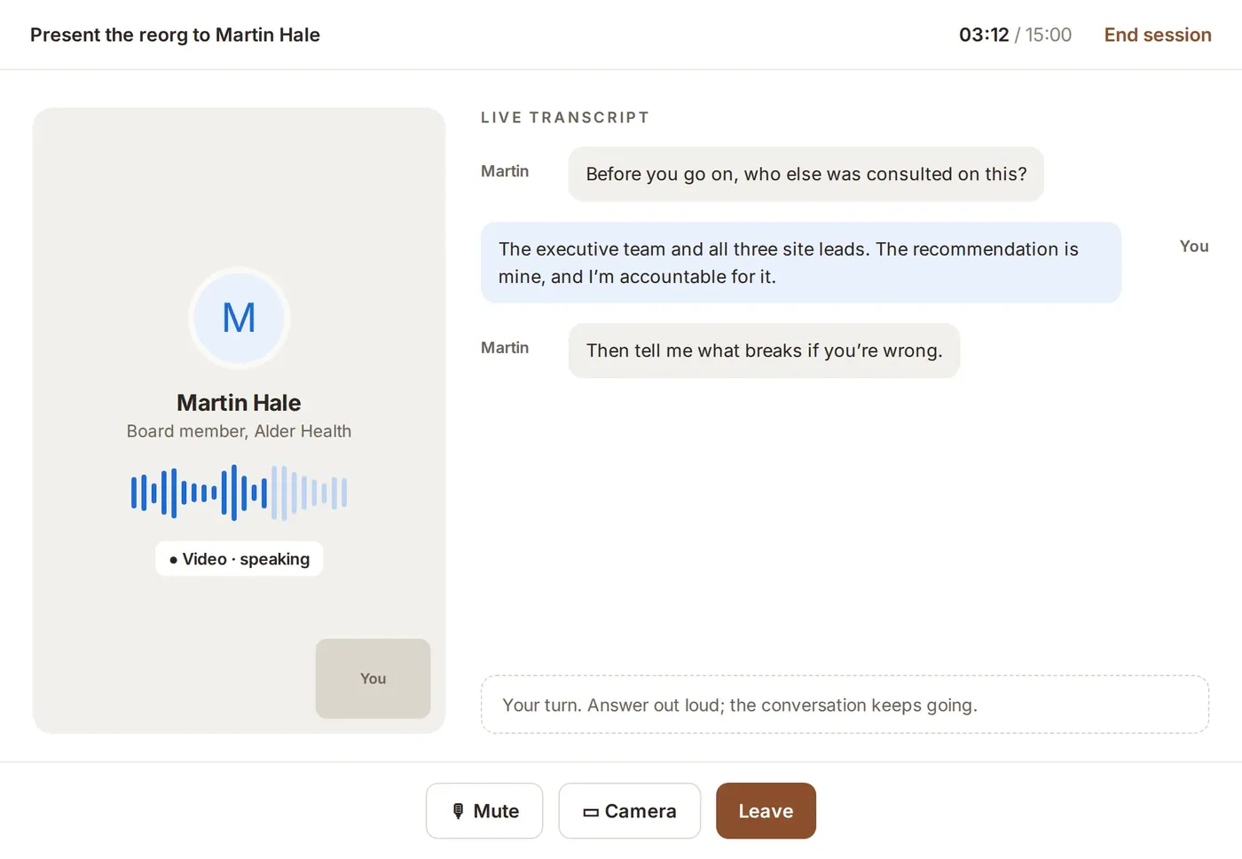 An executive rehearsing a board presentation with a live transcript of the AI board member