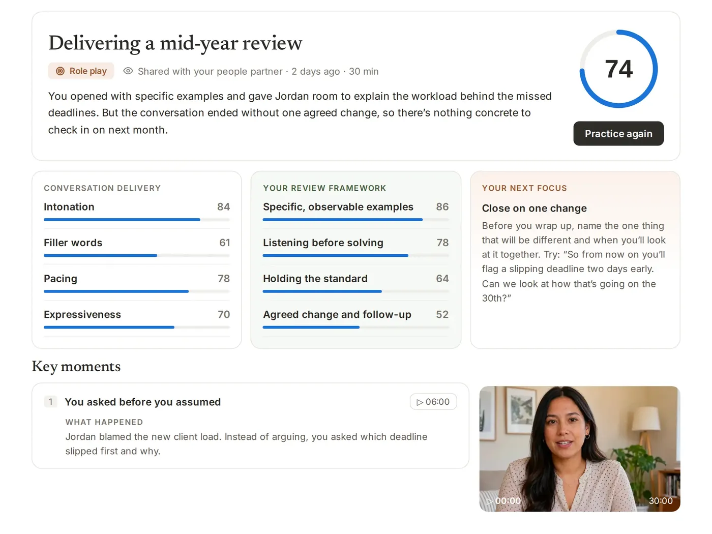 Feedback on the review: delivery scores, the review framework, key moments and a next focus