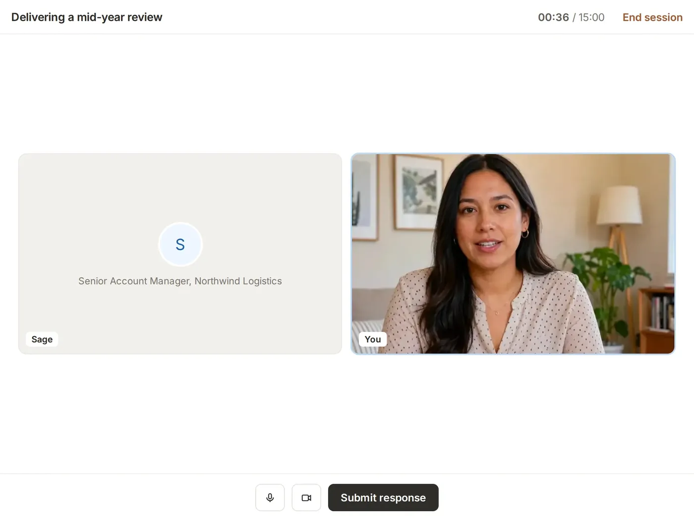 A manager practicing a mid-year review on video with an AI direct report