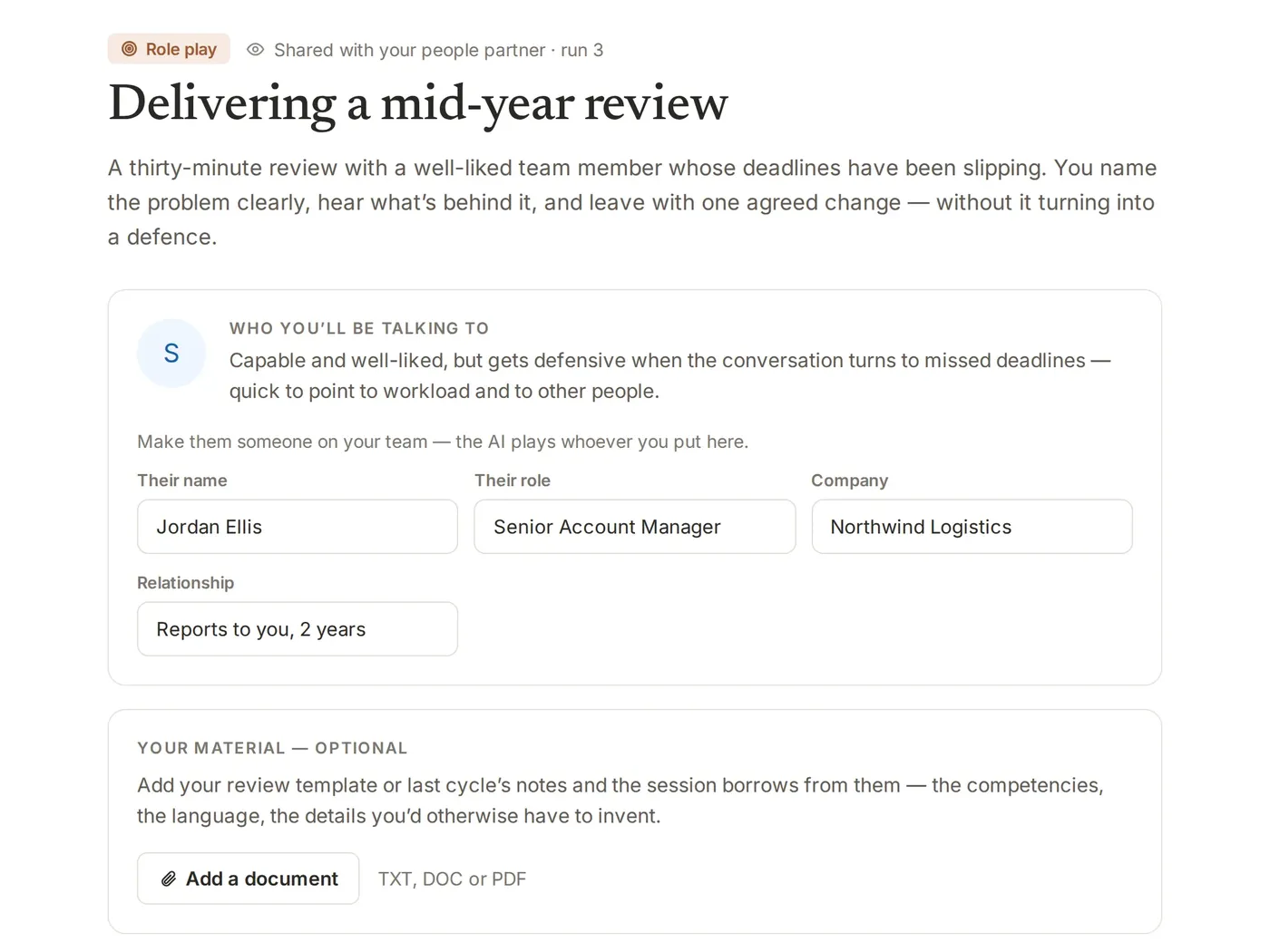 Setting up a practice with a specific direct report and situation