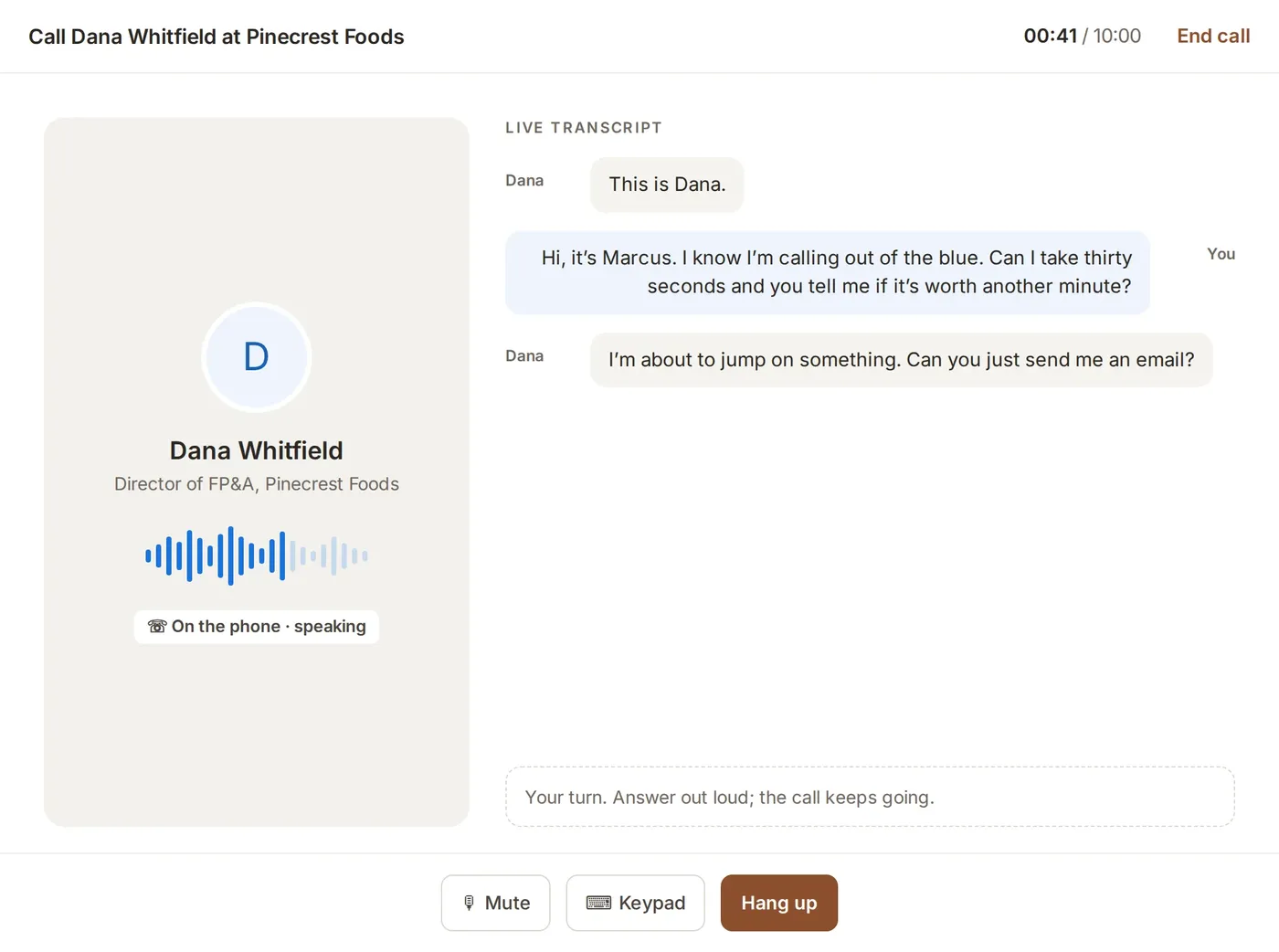 A live cold-call practice on the phone with a live transcript